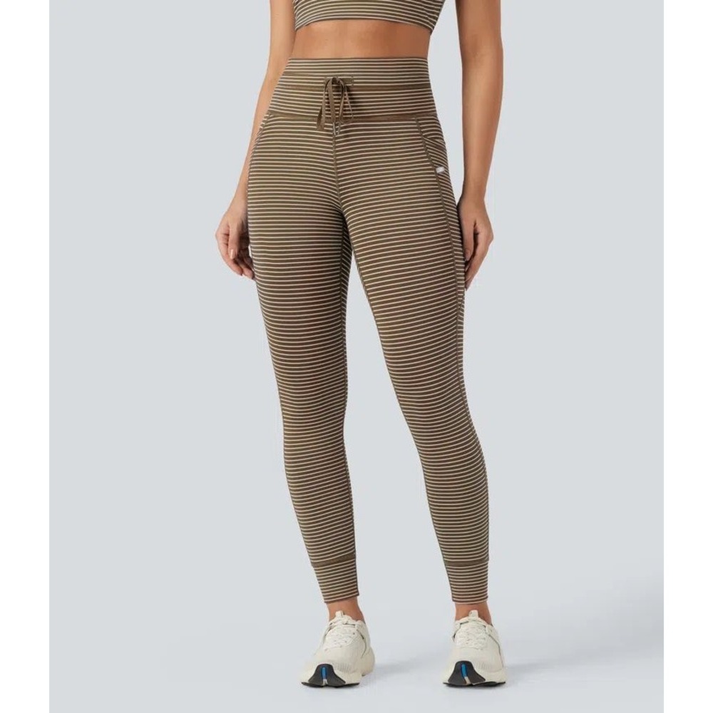 Halara High-Waisted Drawstring Striped Yoga Leggings with Pockets Size Large NWT